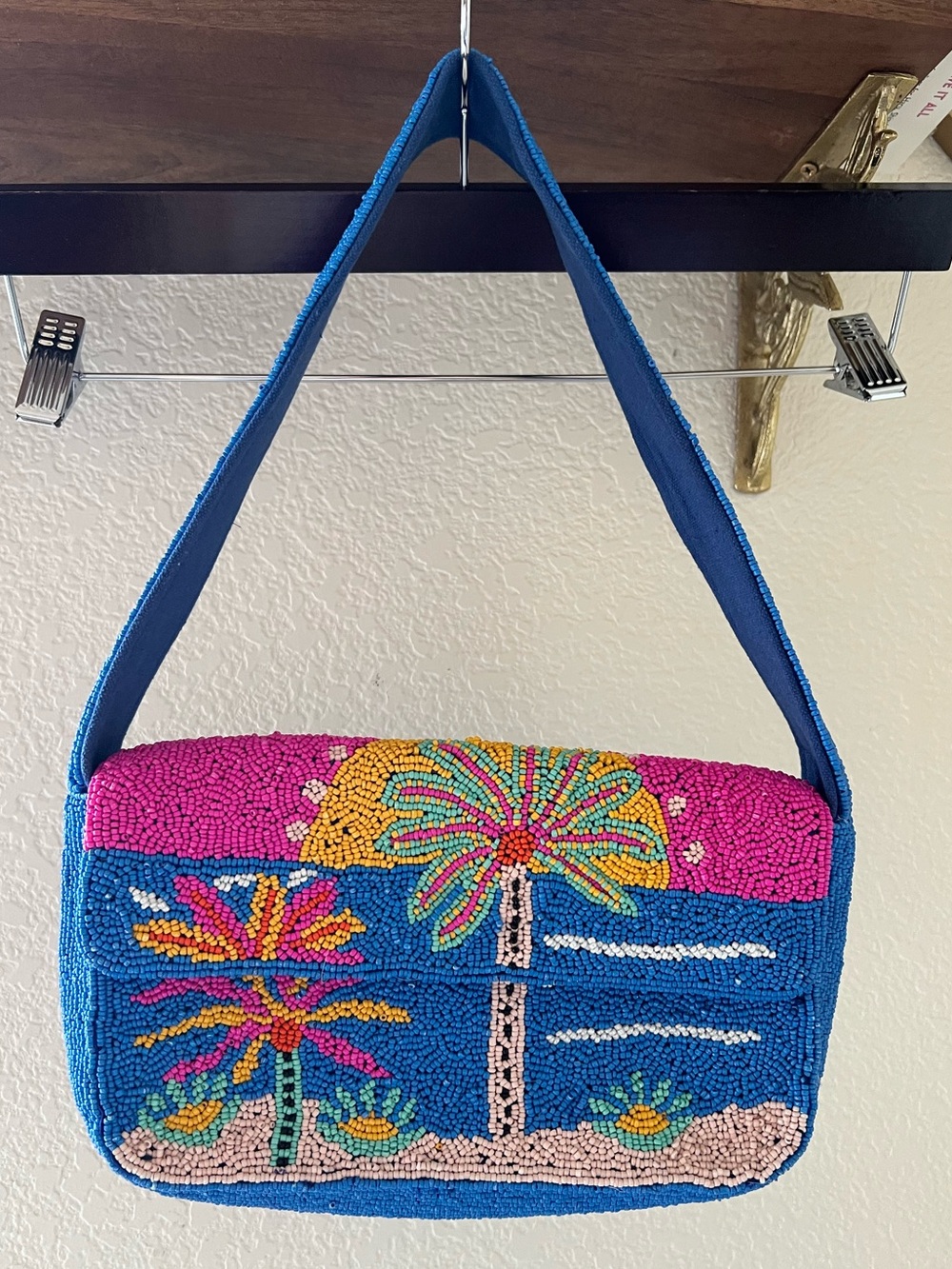 Beaded Palm Tree Tropical Shoulder Bag - Blue & Pink